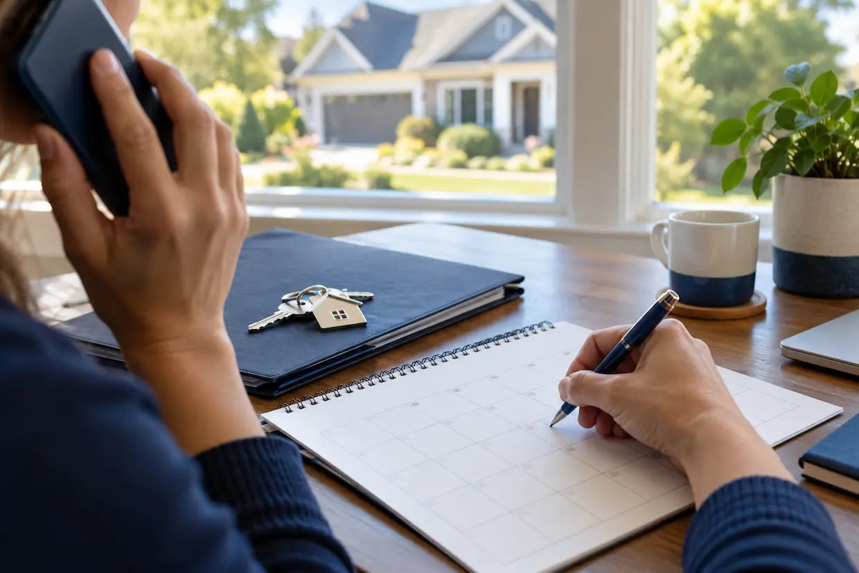Homeowner scheduling a termite inspection by phone and marking a calendar beside house keys.