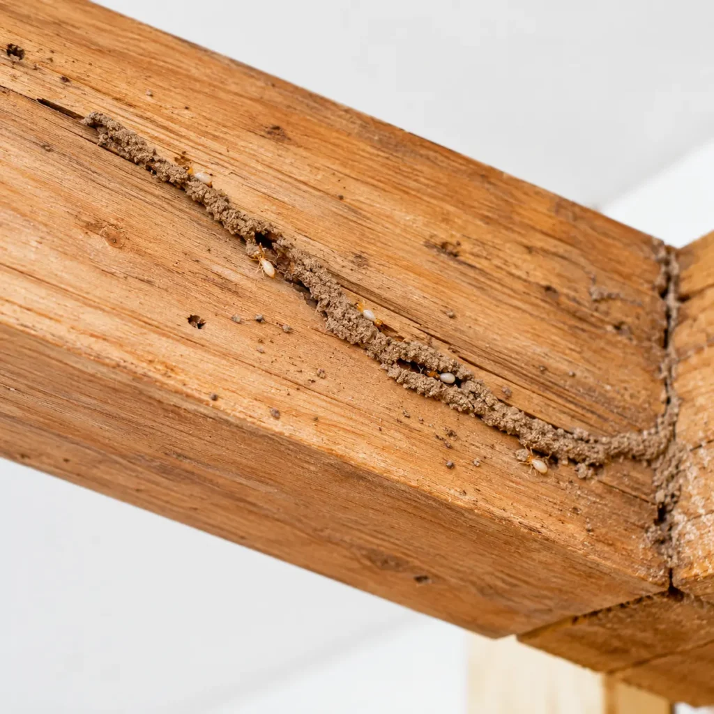 Close-up of a wooden beam showing small holes, dark spots, and visible signs of termite infestation and wood damage.