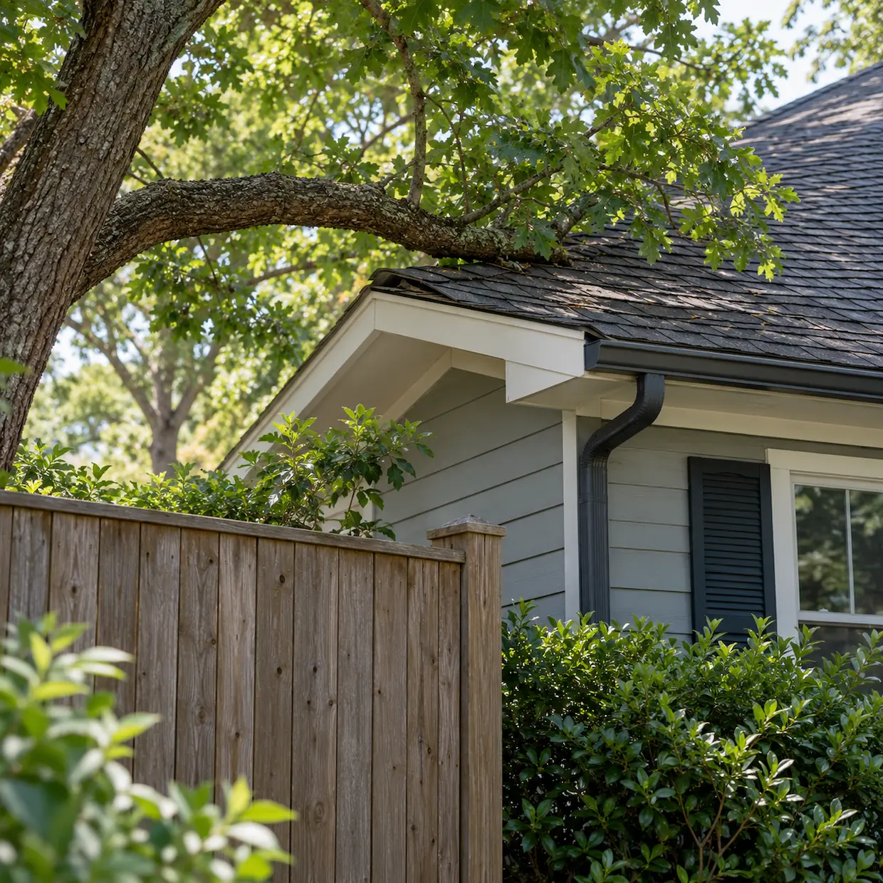 Tree branch touching a house roof beside a wooden fence, providing a potential rodent access route.